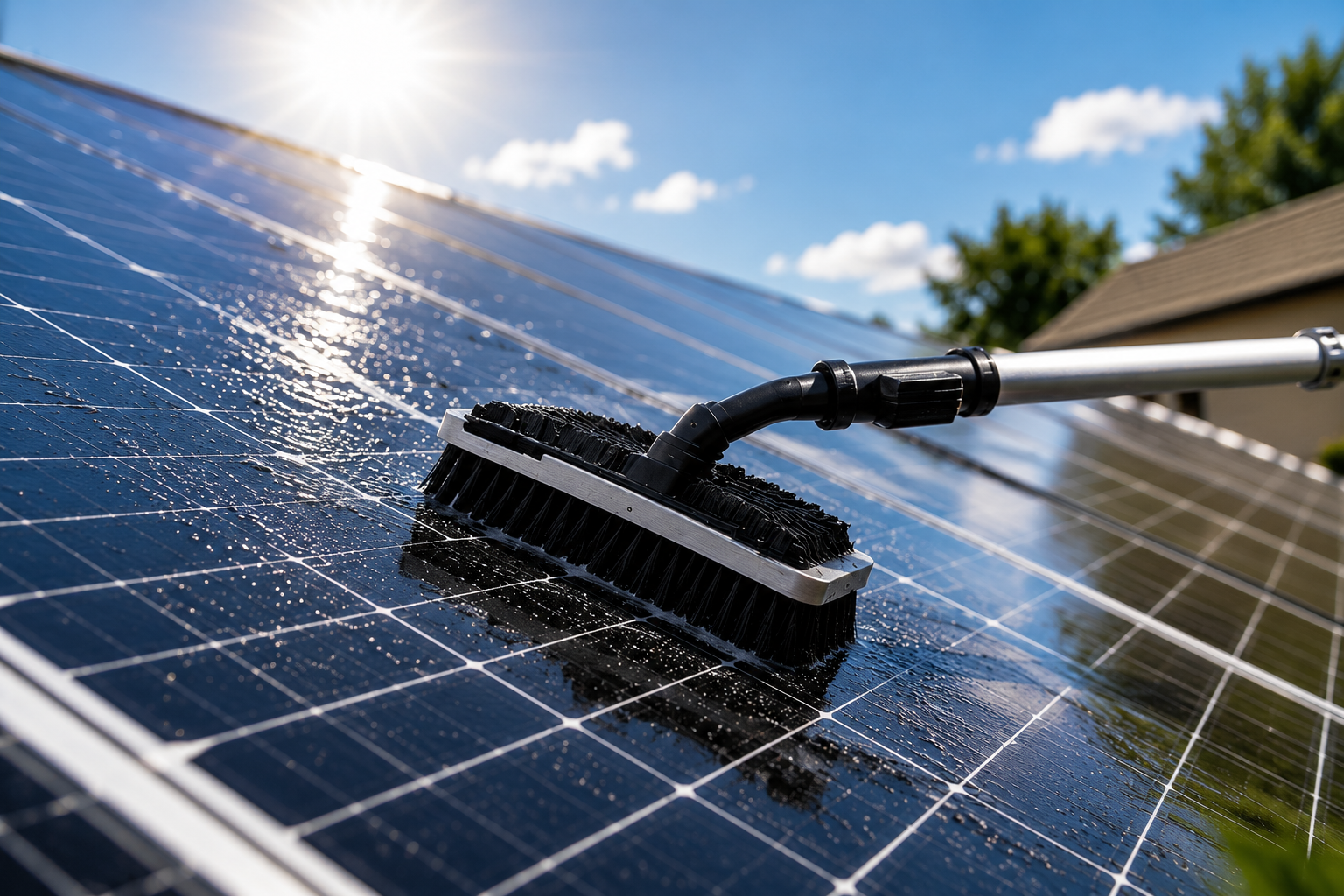 Solar panels being cleaned with a soft brush